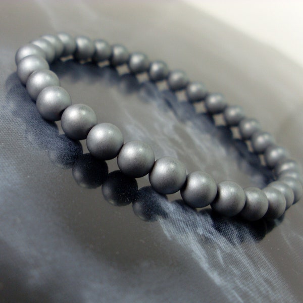 Bracelet hématite mat 6 mm, bracelet pierres précieuses naturelles, bracelet hématite givrée, bracelet femme homme, bracelet de perles + pochette cadeau