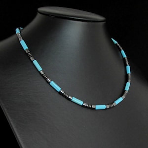 Turquoise and Hematite Mens Necklace, Turquoise Unisex Necklace, Gift for Men, Mens Gemstone Necklace, Mens Choker, Mens Beaded Necklace
