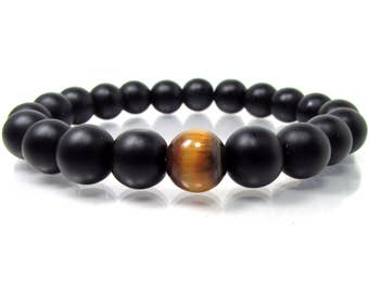 Bracelet pour homme onyx noir mat et oeil de tigre 10 mm, bracelet de pierres précieuses naturelles pour homme, bracelet de perles extensible mala pour homme, cadeau pour lui homme