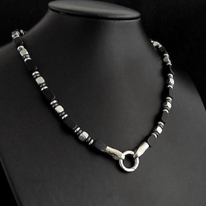Zwarte agaat hematietketting met 316L roestvrijstalen sluiting, natuurlijke edelstenen herenketting voor (aan/uit) hanger, cadeau voor mannen + geschenkdoos