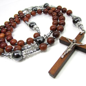Wood and Hematite Rosary Necklace with Wooden Cross, Unisex Mens Women Rosary, Cross Necklace for Men or Women, Wooden Beaded Cross Necklace