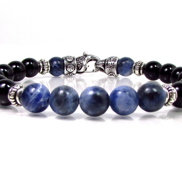 Onyx and Sodalite Mens Bracelet with Clasp, Natural Gemstone Mens Bracelet, Blue Sodalite Mens Bracelet, Mens Beaded Bracelet, Gift for Men