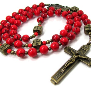 Red Howlite Mens Rosary Necklace, Bronze Cross Necklace for Men, Red Howilte Women Rosary, Mens Natural Gemstone Rosary Necklace + Gift Box