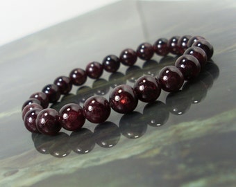 Natürliches Granat Armband 8 mm oder 6 mm Edelsteinperlen, Frauen Männer Perlen Armband, Wassermann Steinbock Leo Virgo Zeichen, Geschenk für Sie Him + Geschenktüte