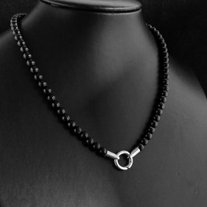 Zwarte onyx edelsteen herenketting 6 met 316L roestvrijstalen sluiting, hanger toevoegen herenketting, heren edelsteenketting, herenkralenketting