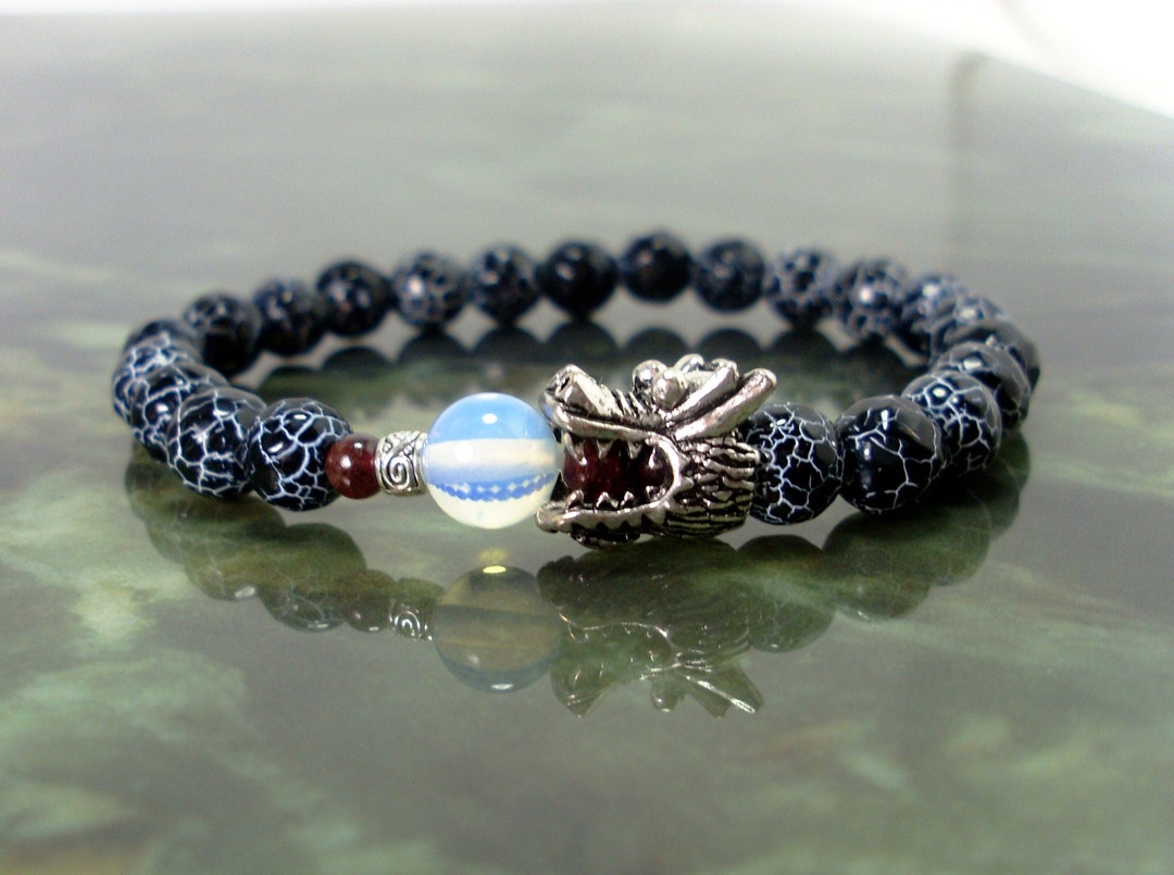 Black Dragon Agate and Moonstone Bracelet 8mm With Dragon Head