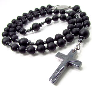 Onyx matte and Hematite Mens Rosary Necklace,Hematite Cross,Onyx Mens Cross Necklace,Natural Gemstone Beaded Rosary,Cross Necklace +Gift Box