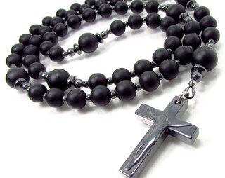 Nazareth Store Collana Rosario Uomo In Onice Nero E Occhio Di Tigre Con Croce In Lega - Gioiello Religioso Cattolico