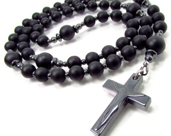 Nazareth Store Collana Rosario Uomo In Onice Nero E Occhio Di Tigre Con Croce In Lega - Gioiello Religioso Cattolico