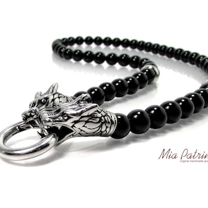 Collier pour homme fait main en onyx noir avec têtes de loup, pierres précieuses naturelles et acier inoxydable 316L pour pendentif (on/off) + boîte cadeau