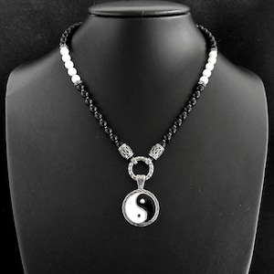 HANDMADE GEMSTONE NECKLACE for Men Black Obsidian and  White Agate with Yin Yang 316L Stainless Steel, Unisex Men Necklace, Gift for Him