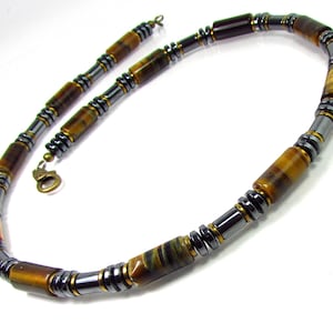 Tiger Eye and Hematite Mens Necklace, Gift for Men, Tiger Eye Mens Necklace, Mens Gemstone Necklace, Mens Choker, Mens Beaded Necklace