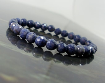 Natural faceted dark Blue Sapphire 5mm Bracelet, Natural Gemstone Bracelet, Women Mens Beaded Bracelet, Gift for Her for Him + Gift Box