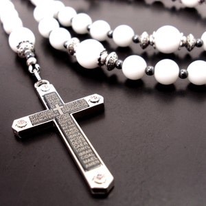 Chapelet Catholique Perles Blanches - Collier Religieux Avec Médaille Terre Sainte Chapelet Perles Blanches Croix Terre Sainte 45.7cm