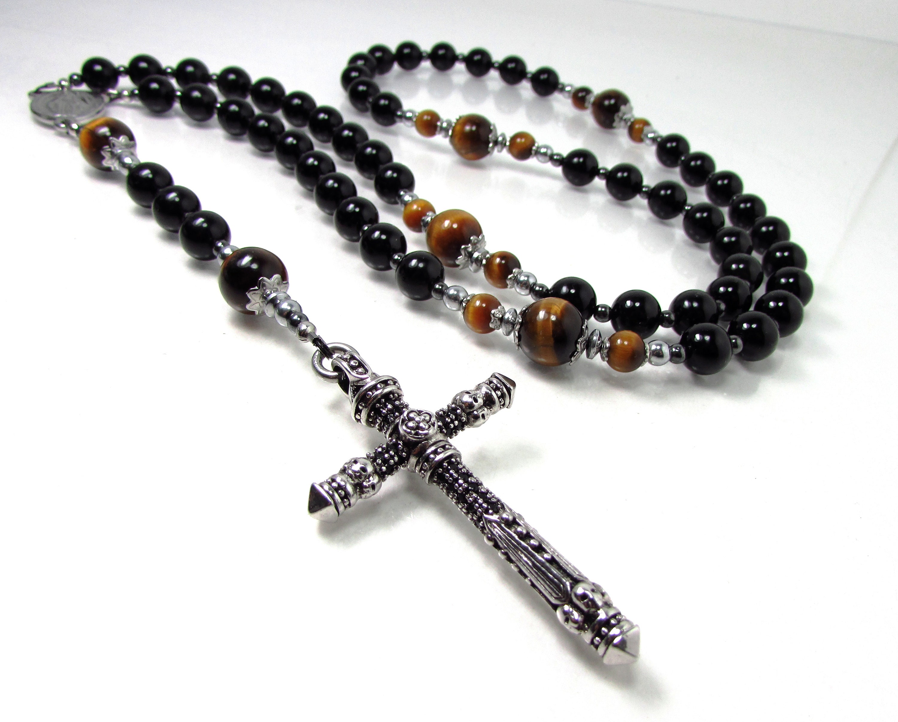 Onyx and Tiger Eye Rosary Necklace With Stainless Steel Cross - Etsy