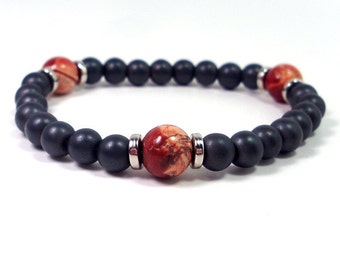 Real Red Jasper and frosted Hematite Mens Bracelet, Natural Gemstone Mens Bracelet, Handmade Mens Beaded Jasper Bracelet, Gift for Men