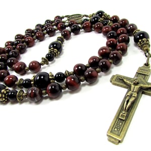 Red Tiger Eye and Onyx Rosary Necklace with Bronze Cross, Mens Gemstone Rosary Necklace, Tiger Eye Rosary, Cross Necklace for Men + Gift Box