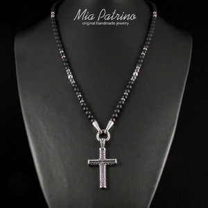 Zwarte matte onyx herenketting, herenkralen edelsteenketting, heren roestvrijstalen kruisketting, cadeau voor mannen, sieraden voor mannen + geschenkdoos