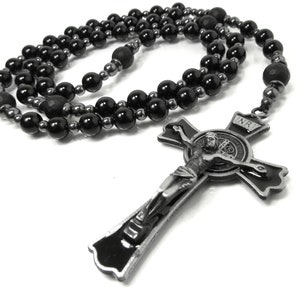Onyx Mens Rosary Necklace, Natural Gemstone Rosary, Mens Cross Necklace, Mens Gemstone Beaded Necklace, Black Onyx Rosary for Men + Gift Box