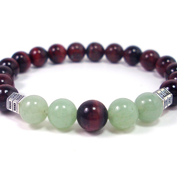 Bracelet oeil de tigre rouge et aventurine verte, bracelet de perles de pierres précieuses naturelles, bracelet en cristal de guérison fait main pour homme + sac cadeau