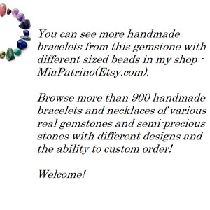 May include: A colorful circle of various gemstones, including amethyst, rose quartz, and turquoise. The image includes the text "You can see more handmade bracelets from this gemstone with different sized beads in my shop - Mia Patrino(Etsy.com). Browse more than 900 handmade bracelets and necklaces of various real gemstones and semi-precious stones with different designs and the ability to custom order! Welcome!"