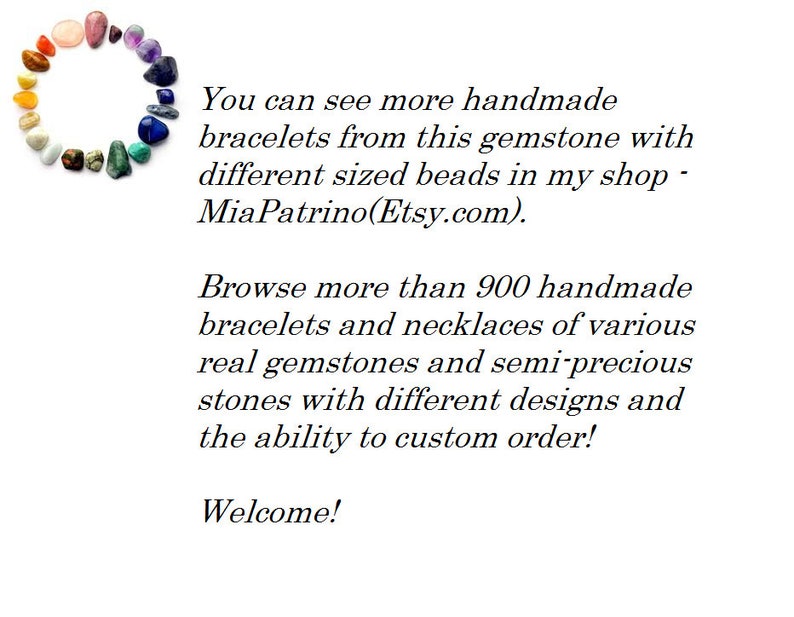 May include: A colorful circle of various gemstones, including amethyst, rose quartz, and turquoise. The image includes the text "You can see more handmade bracelets from this gemstone with different sized beads in my shop - Mia Patrino(Etsy.com). Browse more than 900 handmade bracelets and necklaces of various real gemstones and semi-precious stones with different designs and the ability to custom order! Welcome!"
