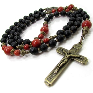 Red Jasper and Black Onyx Rosary Necklace, Bronze Cross, Mens Cross Necklace, Handmade Mens Rosary Necklace, Gemstone Rosary + Gift Box