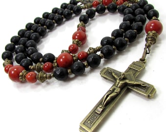 Nazareth Store Collana Rosario Uomo In Onice Nero O Occhio Di Tigre: Gioiello Religioso Con Croce In Lega Nera, Regalo Per Lui - 2