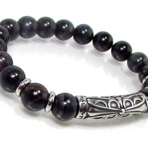 Natural Falcon Eye Mens Bracelet 316L Stainless Steel, Hawks Eye Mens Beaded Bracelet 10mm, Mens Natural Gemstone Bracelet, Gift for Men