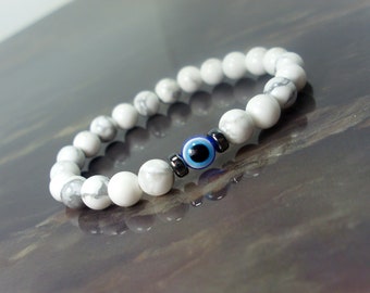 Children's Bracelet White Howlite and Evil Eye, Nazar Natural Gemstone Beaded Bracelet for Children, Gift for Children + Gift bag