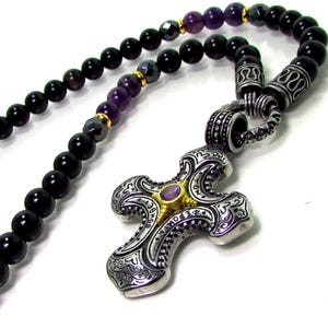 Natuurlijke amethist en obsidiaan herenketting met 316L roestvrij staal, edelstenen herenketting voor (aan/uit) hanger, cadeau voor mannen + geschenkdoos