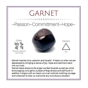 May include: A dark red garnet gemstone with a smooth, polished surface. The gemstone is surrounded by a white background with text that reads "GARNET ~Passion~Committment~Hope~". The text also includes the zodiac signs Aquarius, Capricorn, Leo, and Virgo, and the element Fire.