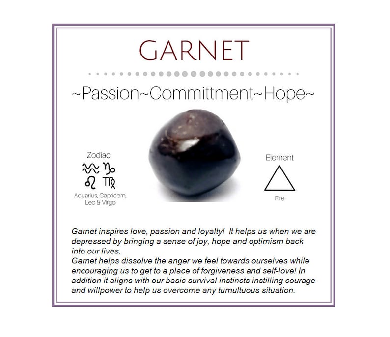 May include: A dark red garnet gemstone with a smooth, polished surface. The gemstone is surrounded by a white background with text that reads "GARNET ~Passion~Committment~Hope~". The text also includes the zodiac signs Aquarius, Capricorn, Leo, and Virgo, and the element Fire.