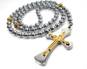 Hämatit Rosenkranz Halskette für Frauen oder Männer, handgemachte Edelstein Rosenkranz Halskette mit Edelstahl Kreuz, Kreuz Perlen Halskette + Geschenkbox