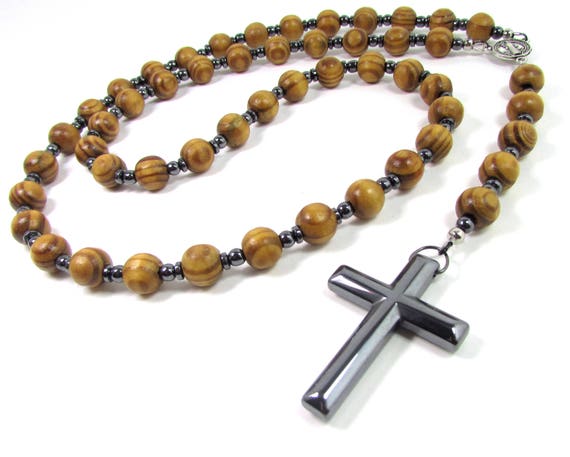 Wood Beads Handmade Rosary, Men Necklace, Hematite Cross Mens