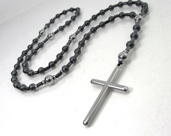 Hämatit matt und poliert Herren Rosenkranz Halskette, Edelstahl Kreuz Herren Halskette, natürlicher Edelstein Rosenkranz, christlich religiöses Geschenk