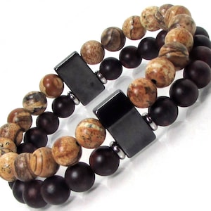 Real Jasper and Hematite Mens Bracelet, Natural Gemstones Mens Bracelet, Mens Double Bracelet, Magnetic Therapy Bracelet, Gift for Men