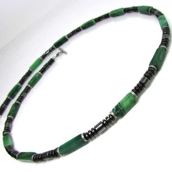 Green Jade and Hematite Mens Necklace, Mens Natural Gemstone Beaded Necklace, Jade Mens Necklace, Gift for Men, Mens Choker, Gift for Him