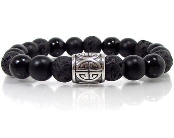 Black Agate  Lava Stone and matte Onyx Mens Bracelet with 316L Stainless Steel, Natural Gemstones Mens Beaded Bracelet  + Gift Bag