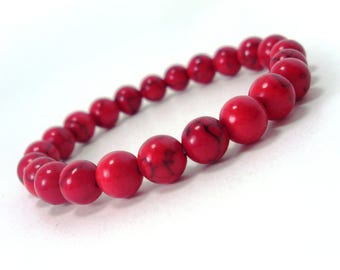 Rot Howlith 8 mm Armband, handgemachte Edelstein Armband, Damen Herren Armband, Stretch Perlen Armband, Rotstein Armband + Geschenk Tasche
