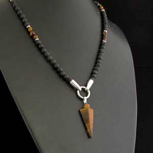 Tijgeroog en vulkanische lavasteen herenketting 6 mm, tijgeroog pijlpuntketting, natuurlijke edelsteenketting, herenketting kralen + geschenkdoos