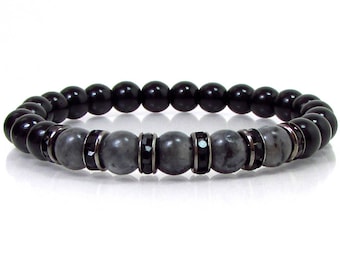 Labradorite and Black Onyx Mens Bracelet 8mm, Natural Gemstone Mens Bracelet, Gift for Men, Mala Mens Beaded Bracelet