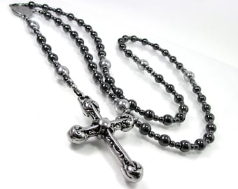 Hämatit Herren Rosenkranz Halskette, Edelstahl Kreuz, Herren Kreuz Halskette, handgemachter Herren Rosenkranz, Kreuz Halskette für Männer, Edelstein Rosenkranz