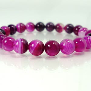 Rosa Achat Armband 8 mm oder 6 mm, Magenta Achat Armband, Natürliche Edelstein Frauen Herren Perlen Armband, Lila Achat Armband für Sie + Geschenk Tasche