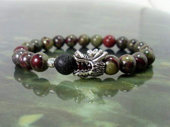 Dragon Blood Jasper and Lava Stone Bracelet With Dragon Head
