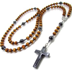 10 DECADE ROSARY, Wood and Hematite Handmade Rosary for Men or Women, Men Cross Necklace, Wood Rosary Necklace, Christian Gift +Gift Box