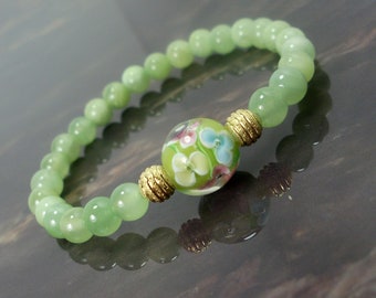 Green Jade Bracelet 6mm with Murano glass bead with flowers, Natural Gemstone Beaded Bracelet, Gift for Women or Girl,Gift for Her +Gift Bag