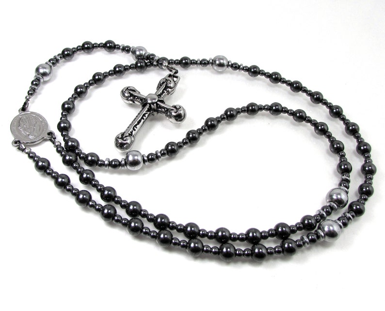 Hematite Mens Rosary Necklace Stainless Steel Cross Mens Etsy