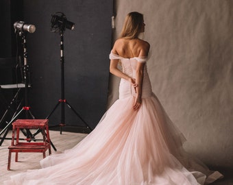 Unique Pink Wedding Dress With Ombre Skirt, Off The Shoulder. Colored Disney Mermaid Wedding Gown 2023 by Boom Blush.