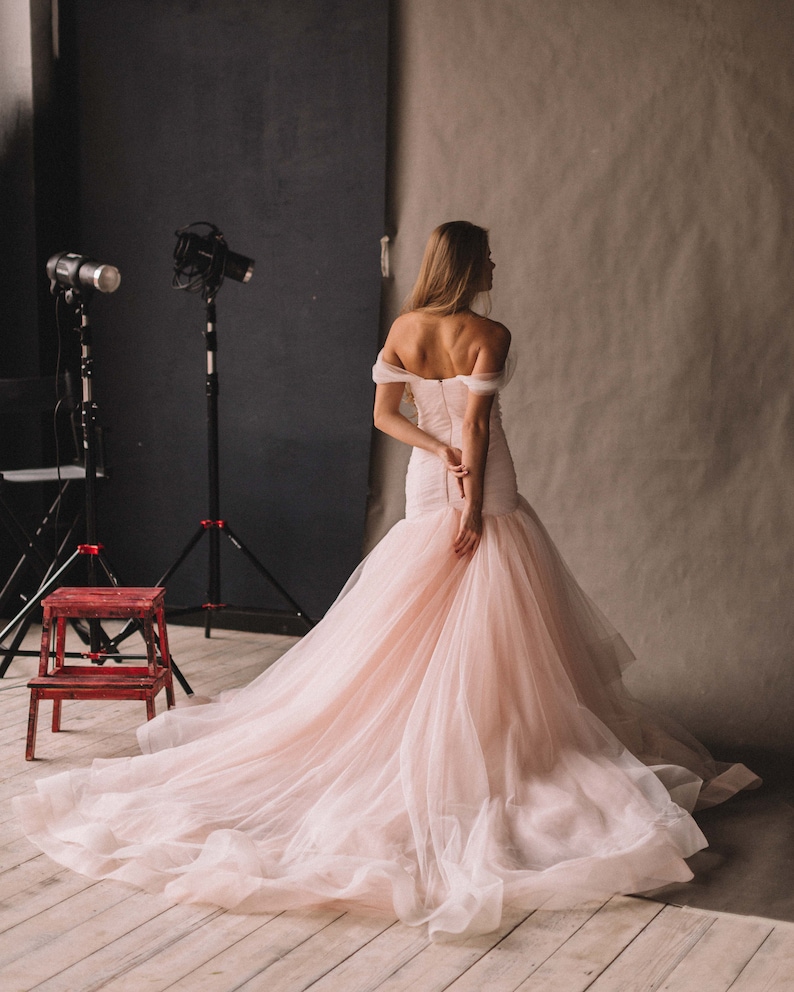 Unique Pink Wedding Dress With Ombre Skirt, Off The Shoulder. Colored Disney Mermaid Wedding Gown 2023 by Boom Blush. image 1